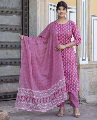 Pink printed pure cotton kurta trouser dupatta set 1