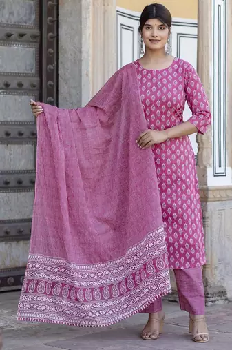 Pink printed pure cotton kurta trouser dupatta set