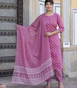 Pink printed pure cotton kurta trouser dupatta set