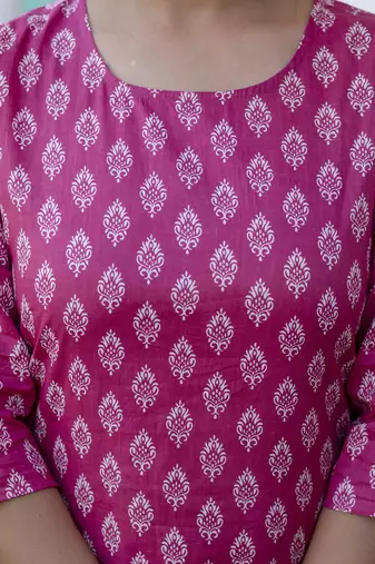 Pink printed pure cotton kurta trouser dupatta set