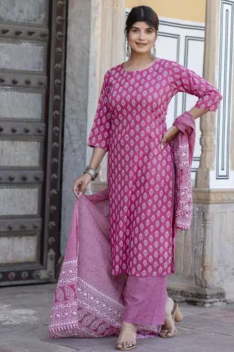 Pink printed pure cotton kurta trouser dupatta set