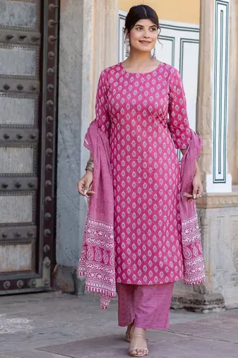 Pink printed pure cotton kurta trouser dupatta set