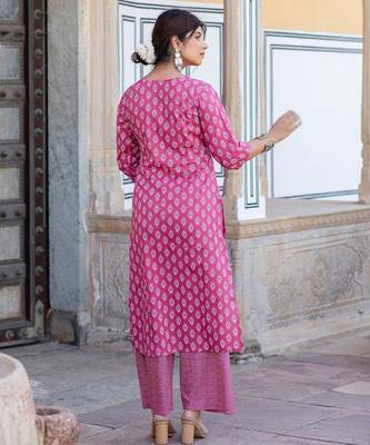 Pink printed pure cotton kurta trouser dupatta set 5