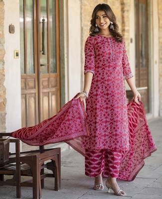 Red printed pure cotton kurta trouser dupatta set 1