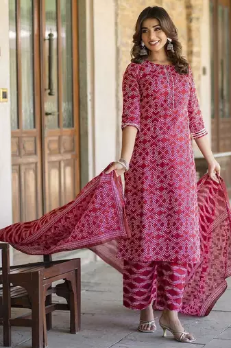 Red printed pure cotton kurta trouser dupatta set
