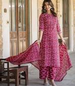 Red printed pure cotton kurta trouser dupatta set