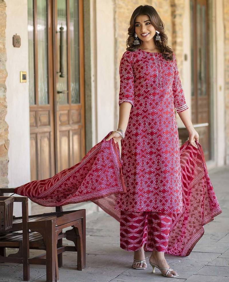 Red printed pure cotton kurta trouser dupatta set