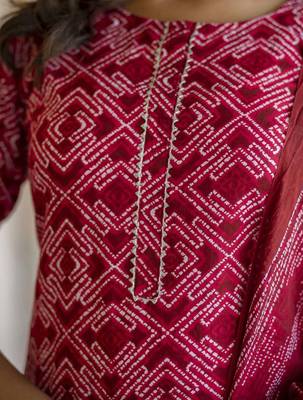 Red printed pure cotton kurta trouser dupatta set 2