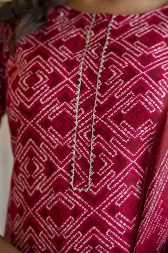 Red printed pure cotton kurta trouser dupatta set