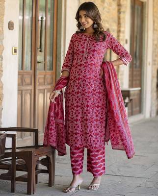 Red printed pure cotton kurta trouser dupatta set 3