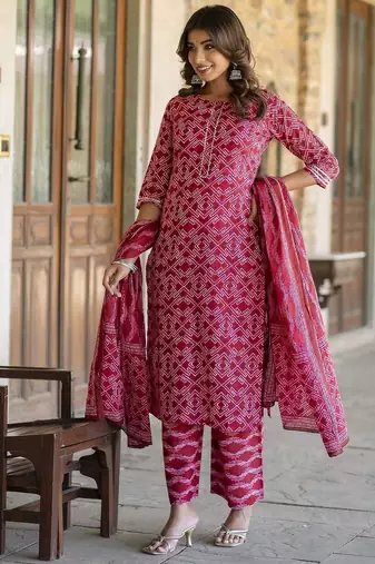 Red printed pure cotton kurta trouser dupatta set