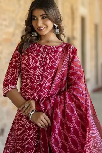 Red printed pure cotton kurta trouser dupatta set