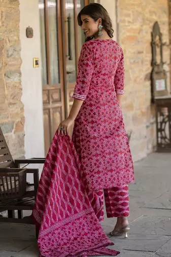 Red printed pure cotton kurta trouser dupatta set