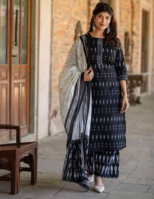Black printed pure cotton kurta trouser dupatta set 1