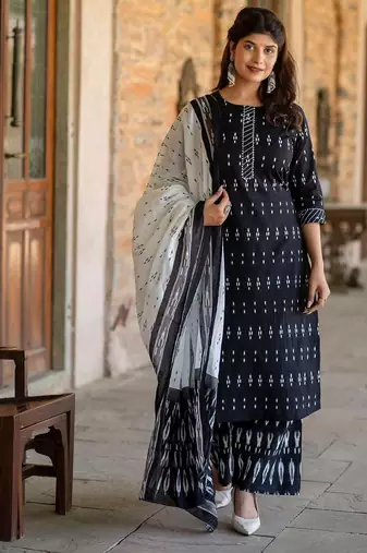 Black printed pure cotton kurta trouser dupatta set