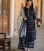 Black printed pure cotton kurta trouser dupatta set