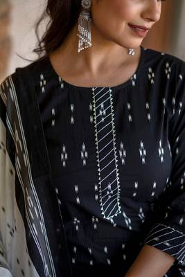 Black printed pure cotton kurta trouser dupatta set 2