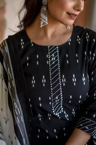 Black printed pure cotton kurta trouser dupatta set
