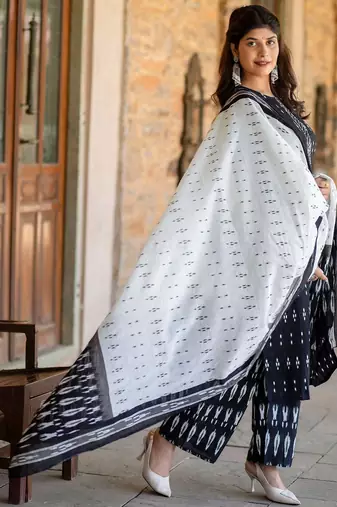 Black printed pure cotton kurta trouser dupatta set