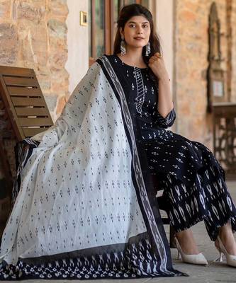 Black printed pure cotton kurta trouser dupatta set 4