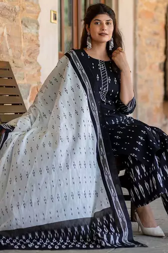Black printed pure cotton kurta trouser dupatta set
