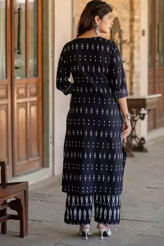 Black printed pure cotton kurta trouser dupatta set
