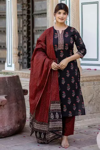 Black printed pure cotton kurta trouser dupatta set