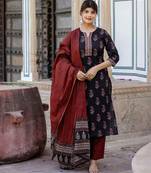 Black printed pure cotton kurta trouser dupatta set