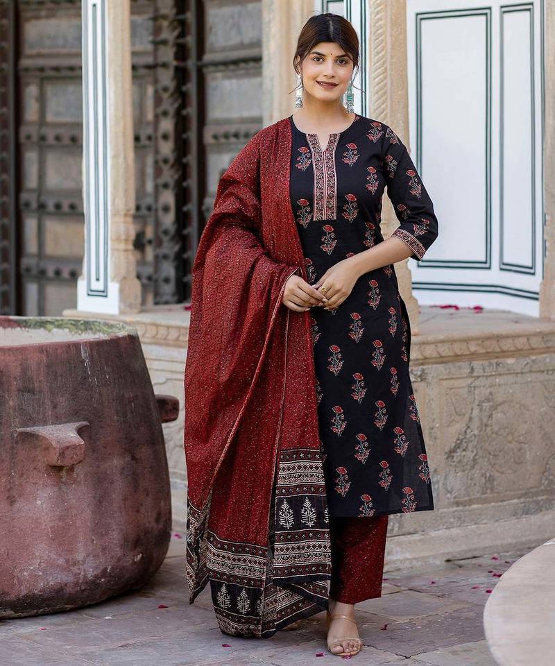Black printed pure cotton kurta trouser dupatta set