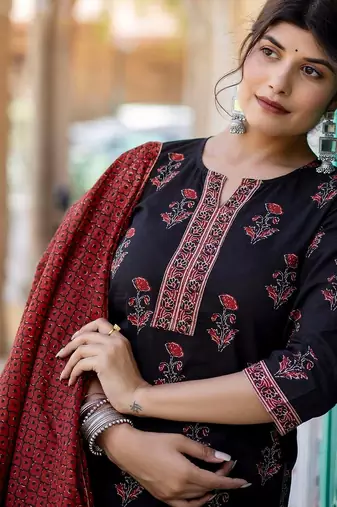 Black printed pure cotton kurta trouser dupatta set