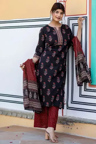 Black printed pure cotton kurta trouser dupatta set