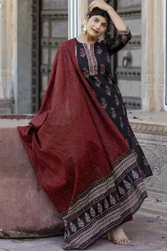 Black printed pure cotton kurta trouser dupatta set