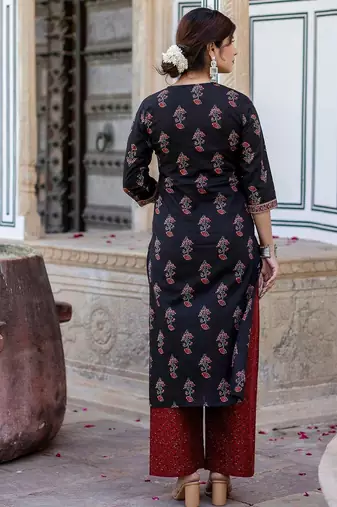 Black printed pure cotton kurta trouser dupatta set