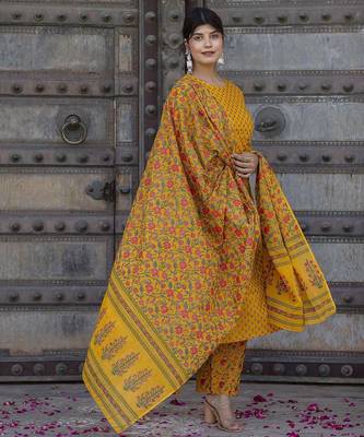 Mustard printed pure cotton kurta trouser dupatta set 1