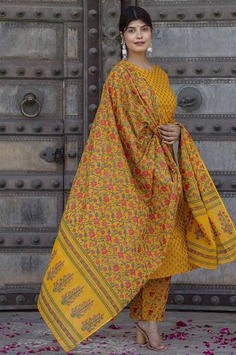 Mustard printed pure cotton kurta trouser dupatta set