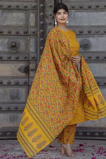 Mustard printed pure cotton kurta trouser dupatta set