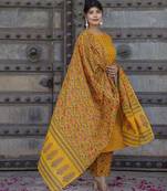 Mustard printed pure cotton kurta trouser dupatta set