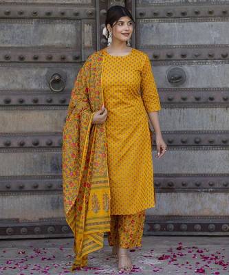 Mustard printed pure cotton kurta trouser dupatta set 2