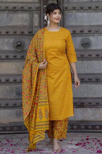 Mustard printed pure cotton kurta trouser dupatta set