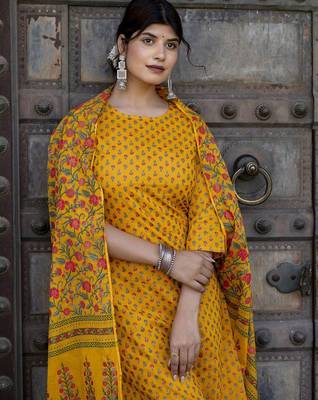 Mustard printed pure cotton kurta trouser dupatta set 3