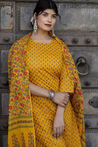 Mustard printed pure cotton kurta trouser dupatta set