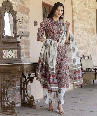 Maroon printed pure cotton kurta trouser dupatta set 1