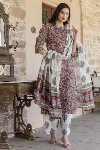 Maroon printed pure cotton kurta trouser dupatta set