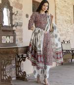 Maroon printed pure cotton kurta trouser dupatta set