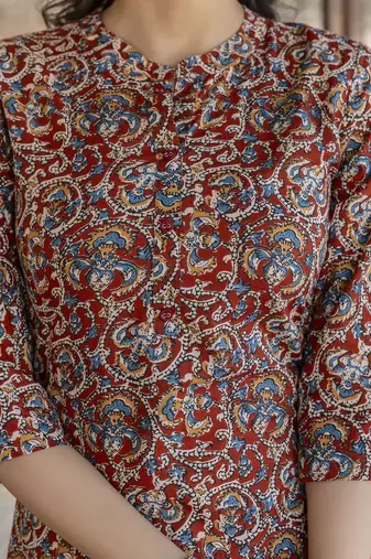 Maroon printed pure cotton kurta trouser dupatta set