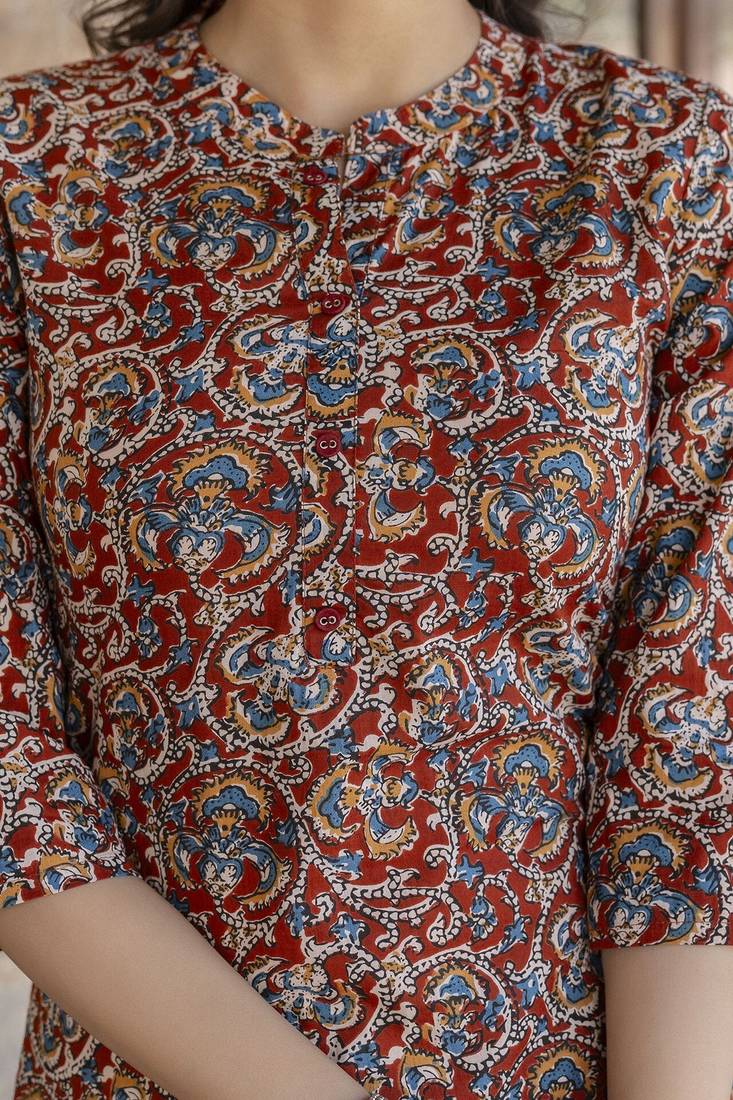 Maroon printed pure cotton kurta trouser dupatta set