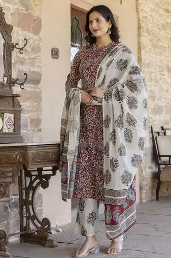 Maroon printed pure cotton kurta trouser dupatta set