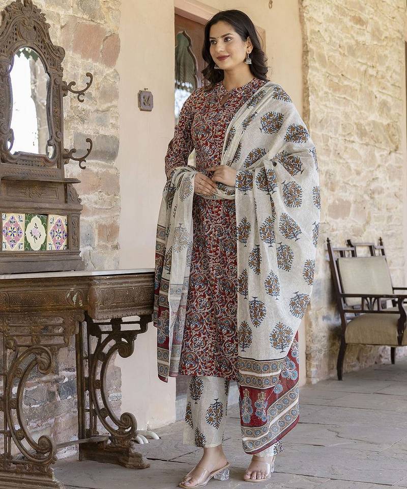 Maroon printed pure cotton kurta trouser dupatta set