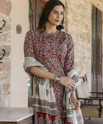 Maroon printed pure cotton kurta trouser dupatta set 4