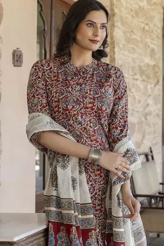 Maroon printed pure cotton kurta trouser dupatta set